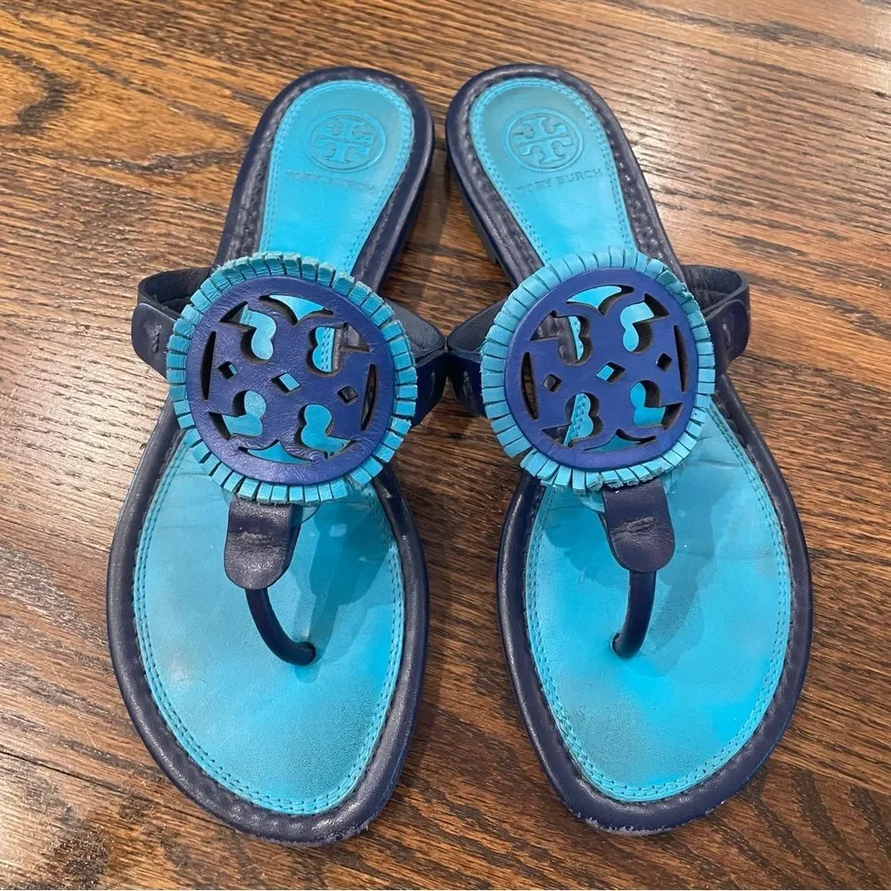 TORY BURCH Miller Fringe Blue Dual Tone Leather Logo Flip Flop Sandals